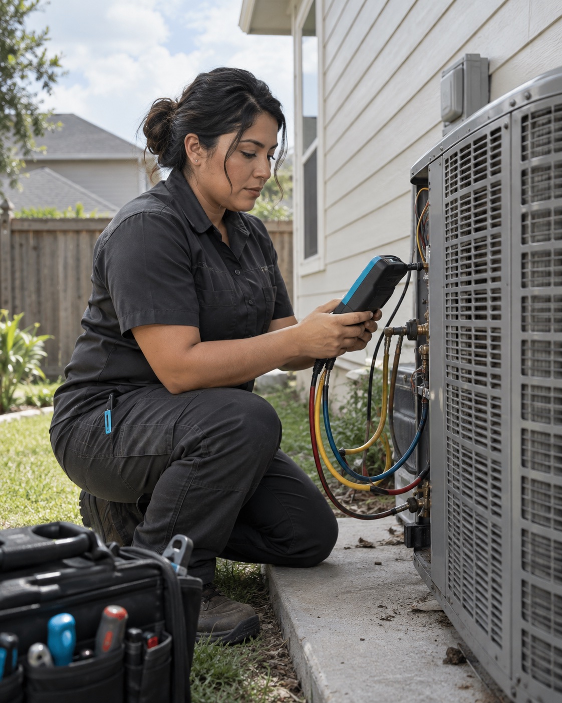 Técnica de HVAC revisando una unidad exterior residencial con una herramienta de diagnóstico