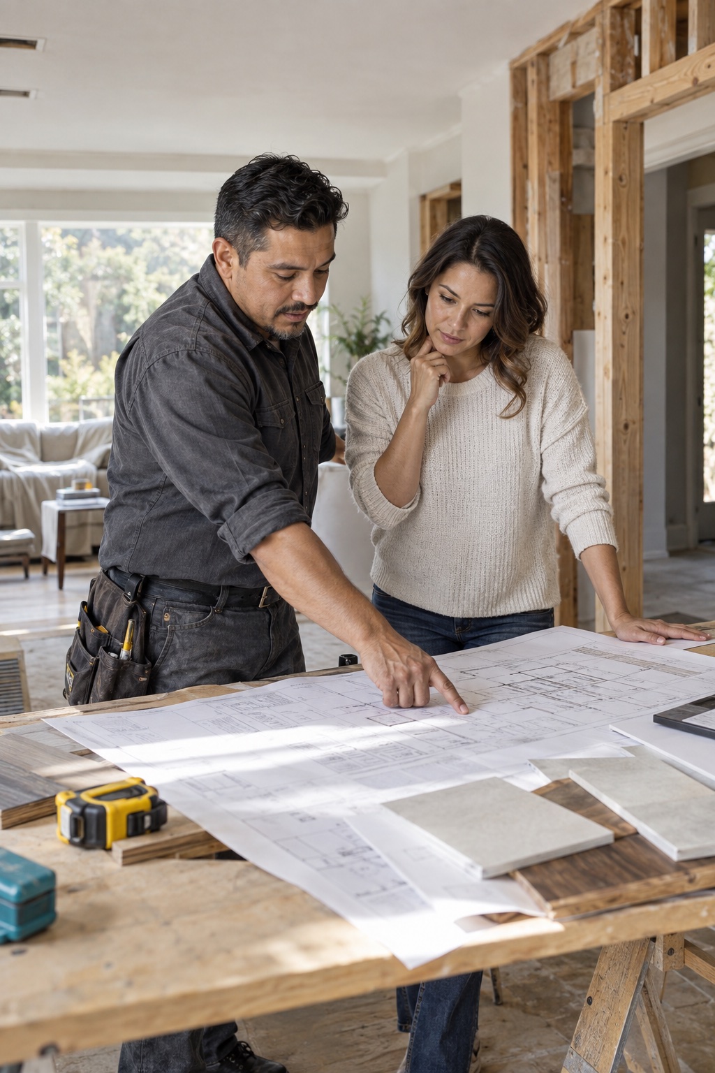 Contratista de remodelación revisando planos residenciales con una propietaria